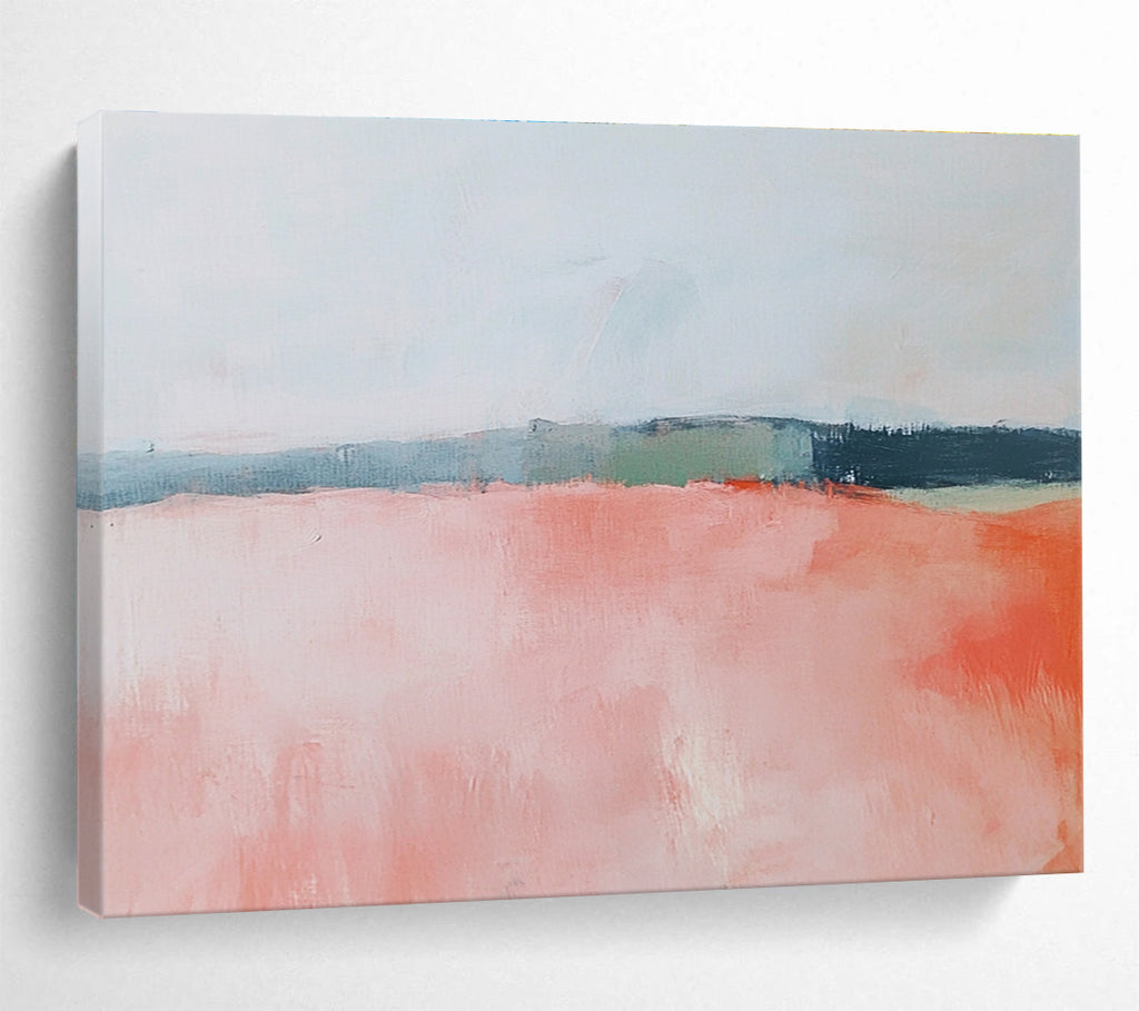 Large abstract painting featuring soft pink and coral fields, a muted sky, and gentle blue, green, and gray brushstrokes.SC055