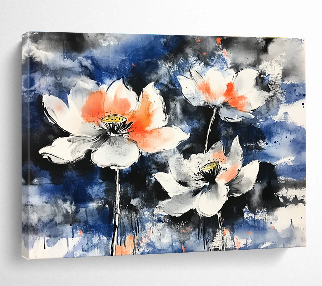 A large abstract painting featuring blooming lotus flowers with orange and white petals against a blue background using traditional Chinese brushstroke techniques.SC580