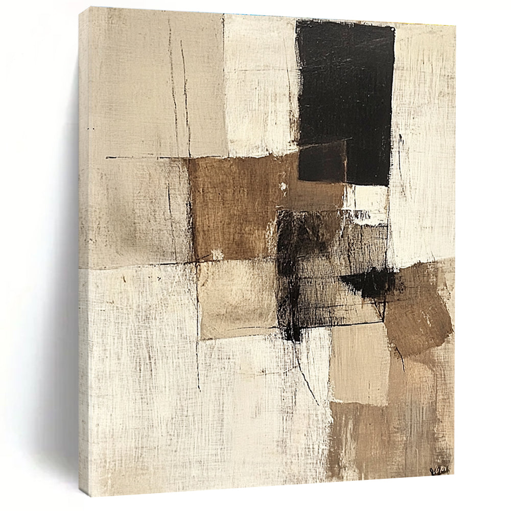 Beige Black Minimalist Abstract Painting with Subtle Lines GER774