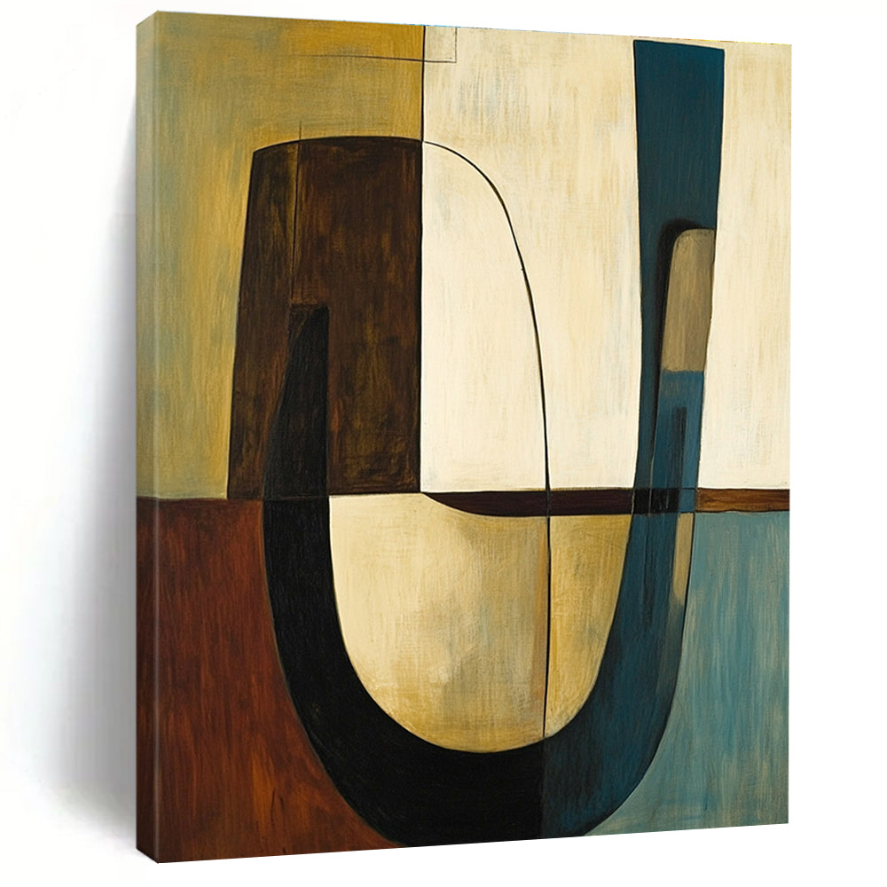 Abstract painting featuring shapes and lines in olive green with brown accents complemented by a large curved table and two chairs.STSC693
