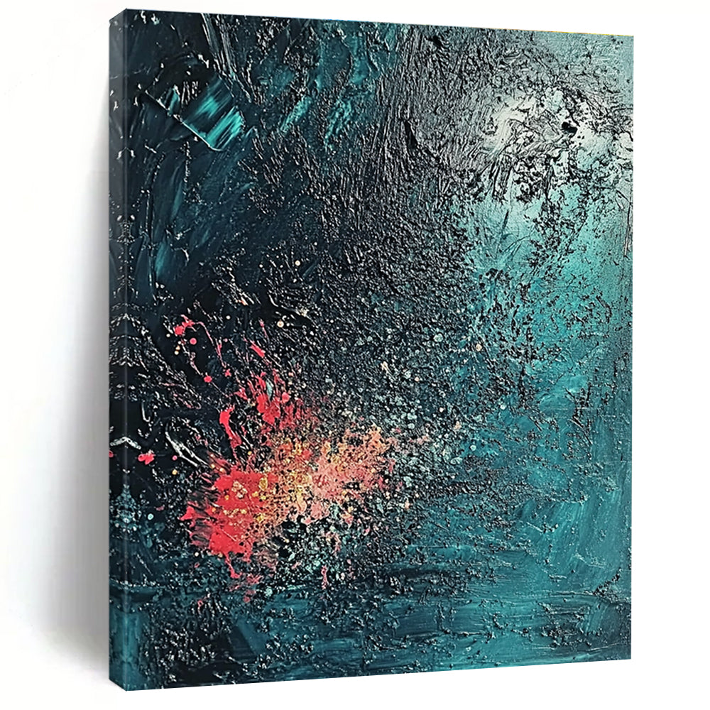 Large Abstract Painting with a Textured Surface in Dark Blue and Emerald Green evoking a Mysterious Deep Sea Atmosphere with Coral Reef Hints.STSC734