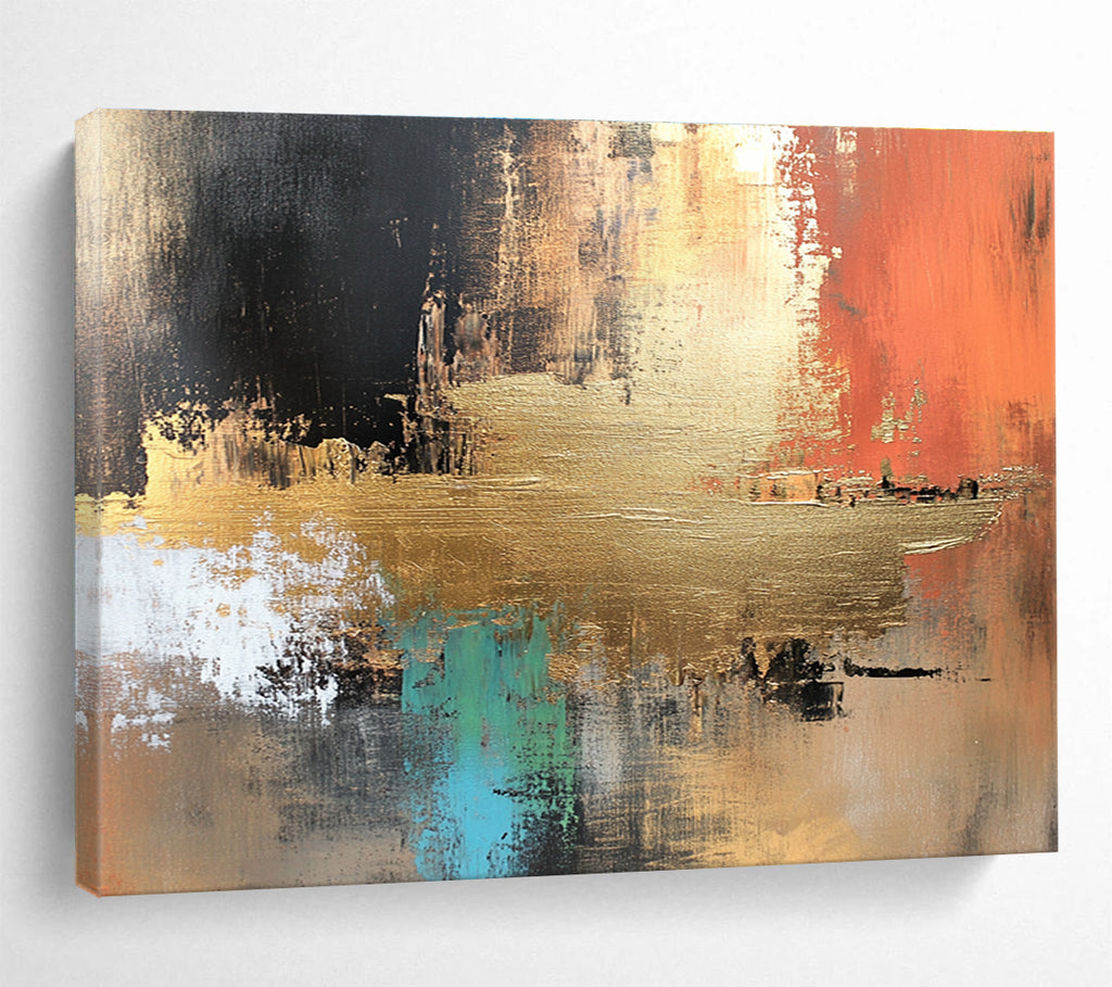 Large abstract canvas painting in golden copper and brown tones with vibrant blue green red black accents featuring white elements and light gold foil details.SC091