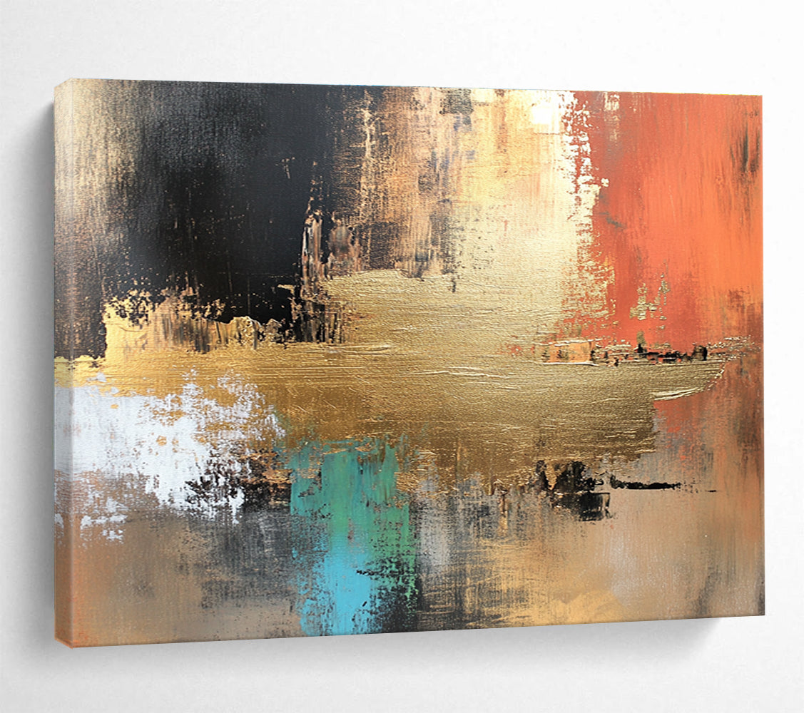 Large abstract canvas painting in golden copper and brown tones with vibrant blue green red black accents featuring white elements and light gold foil details.SC091