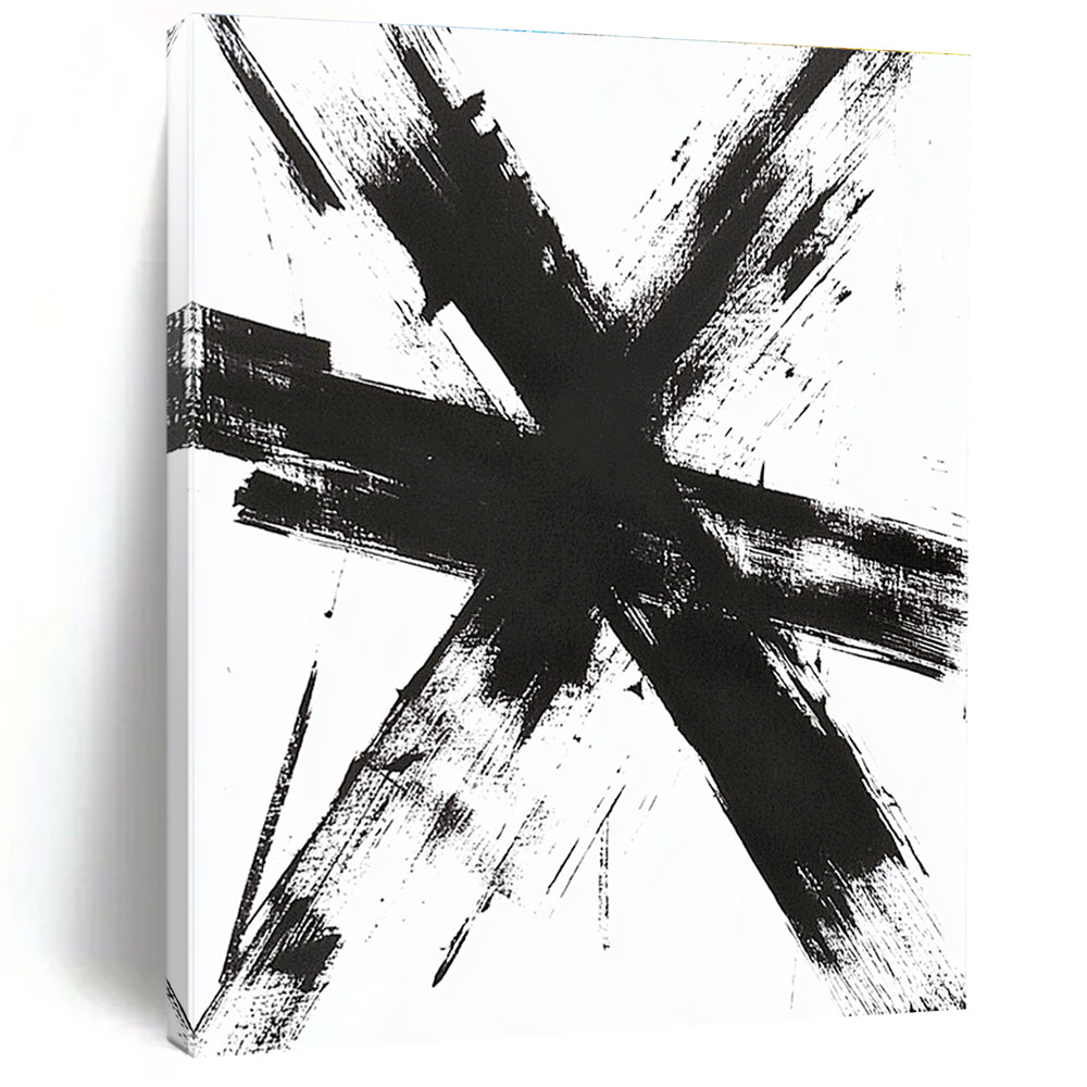 Large abstract artwork featuring thick messy black brush strokes forming a cross shape with detailed textures evoking emotions and energy.STSC1243