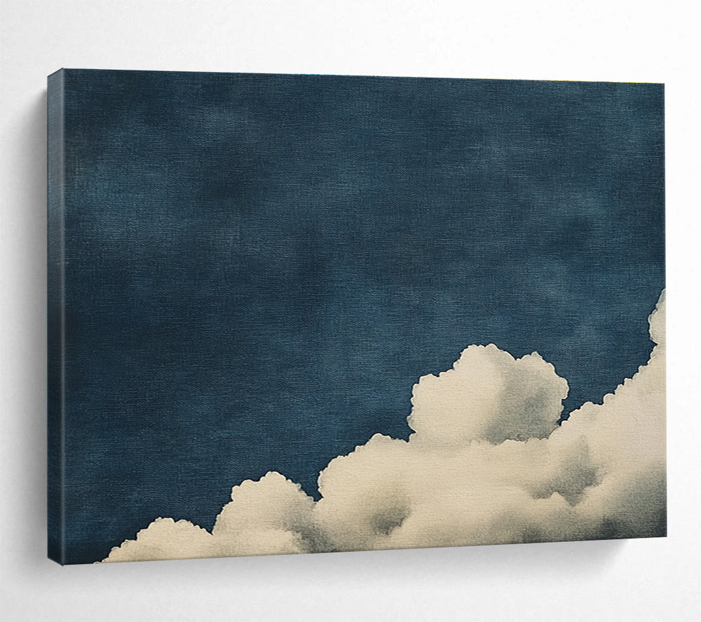Large abstract painting of clouds on textured canvas featuring high contrast white clouds against a minimalist dark blue background.SC523