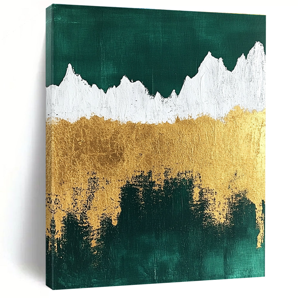 Abstract painting featuring metallic gold foil texture with emerald green background and white mountain silhouette for a striking visual impact.STSC067