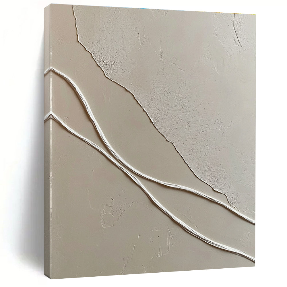 A large abstract painting featuring smooth white wavy lines against textured light-colored plaster walls enhancing depth in a minimal space.STSC941