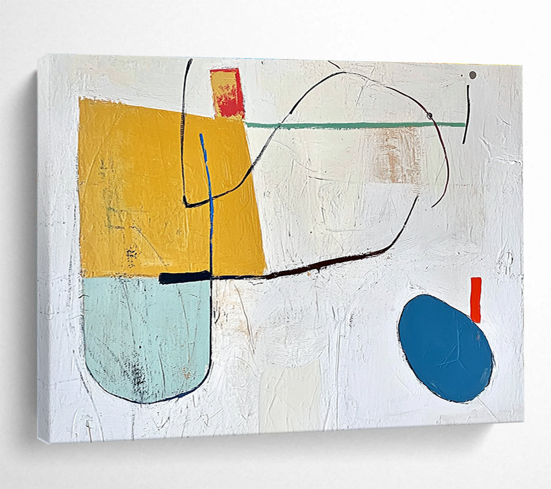 A large abstract painting featuring a yellow block, blue oval line, and colorful shapes on a textured white background.SC298