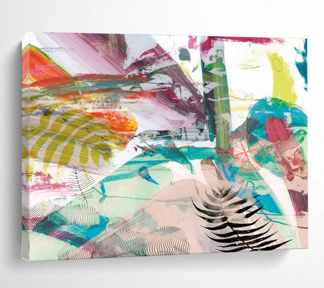 Vibrant Mixed - Media Abstract Painting with Colorful Patterns and Ferns THY118