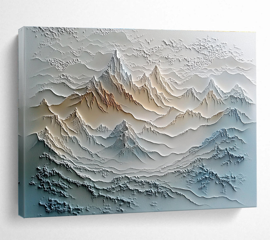 A large abstract painting featuring textured layers of mountains and rivers in vibrant colors, set against a misty, tranquil landscape.SC624