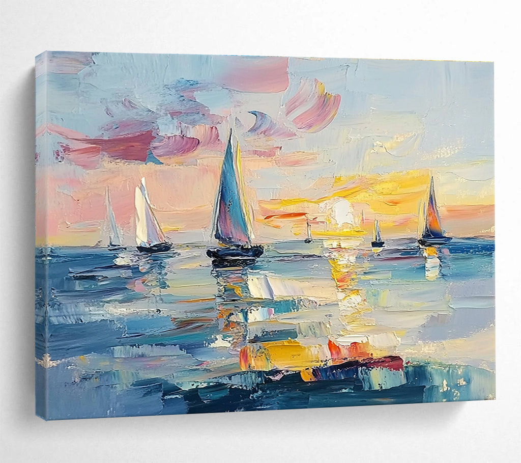 Large abstract painting of the ocean at sunset featuring sailboats vibrant pinks blues and yellows with expressive brush strokes and palette knife textures.SC606