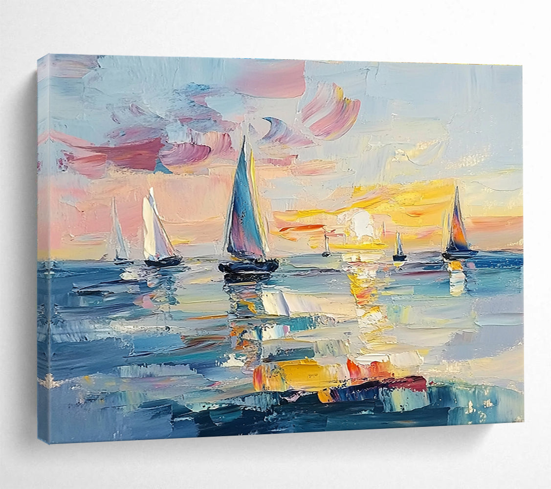 Large abstract painting of the ocean at sunset featuring sailboats vibrant pinks blues and yellows with expressive brush strokes and palette knife textures.SC606