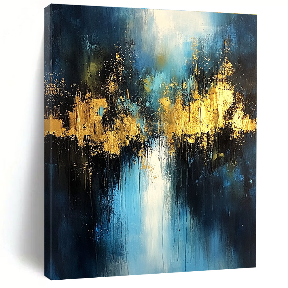Large abstract painting with light blue and dark gold colors featuring atmospheric brushstrokes gold foil embellishments and a mysterious night scene.STSC399