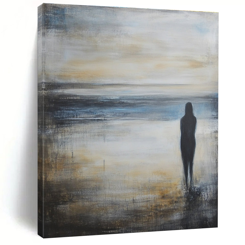 Large abstract oil painting of an empty beach at sunrise featuring calm sea and sky in grey blue and beige shades.STSC586
