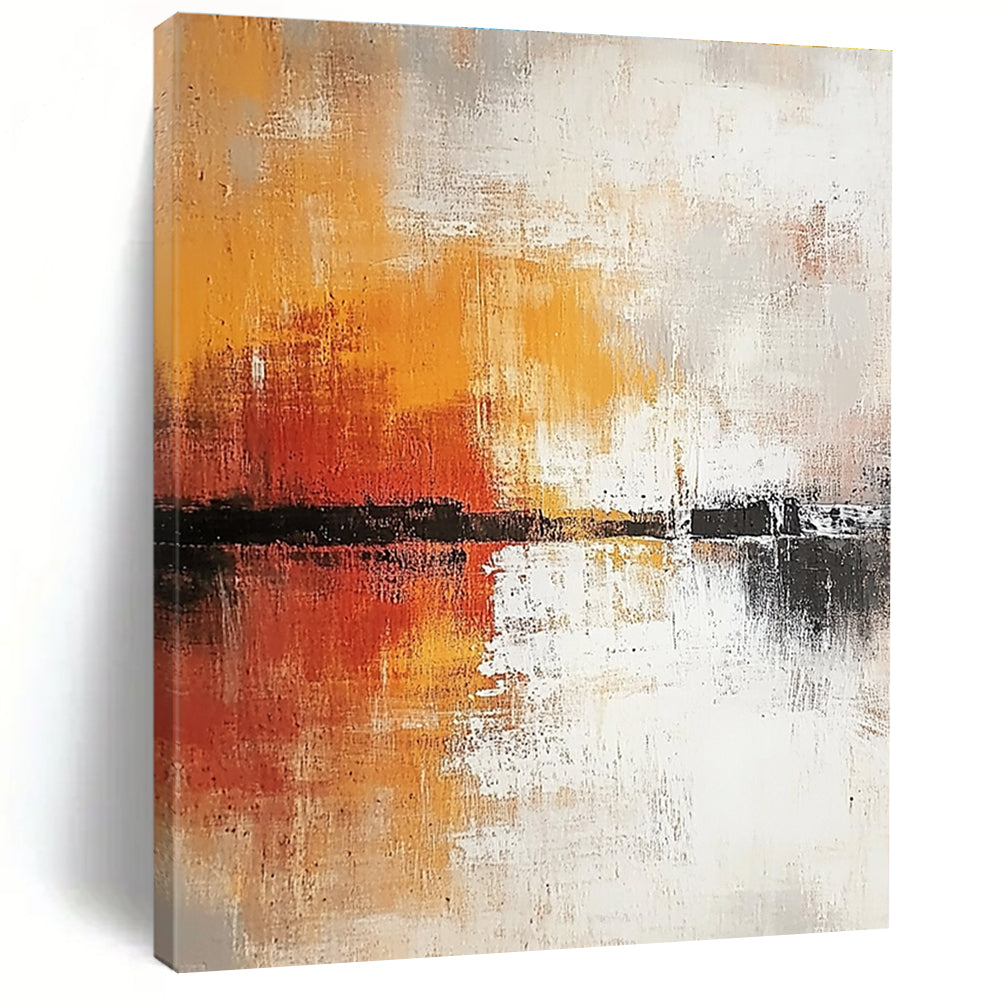 Large abstract painting in soft white and grey tones with warm orange and yellow accents featuring expressive brush strokes and rich texture.STSC813