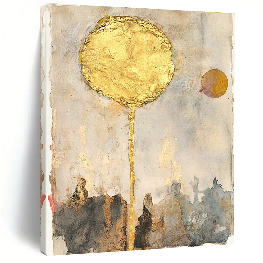 Abstract artwork featuring watercolor sun with gold leaf mixed media collage vintage papers and neutral tones inspired by John Bauer.STSC1461