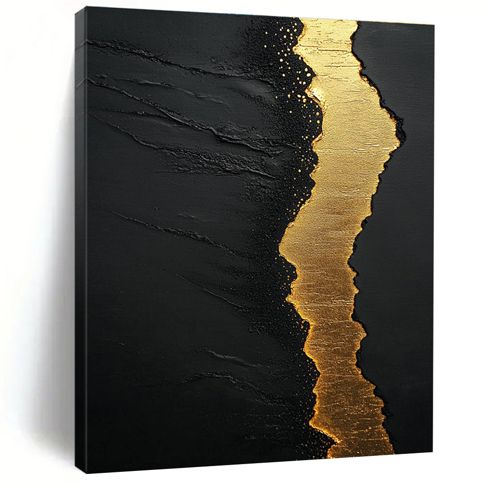 Large abstract painting featuring textured black sand golden water and white clouds with flowing golden light in a minimalist style against a dark background.STSC304