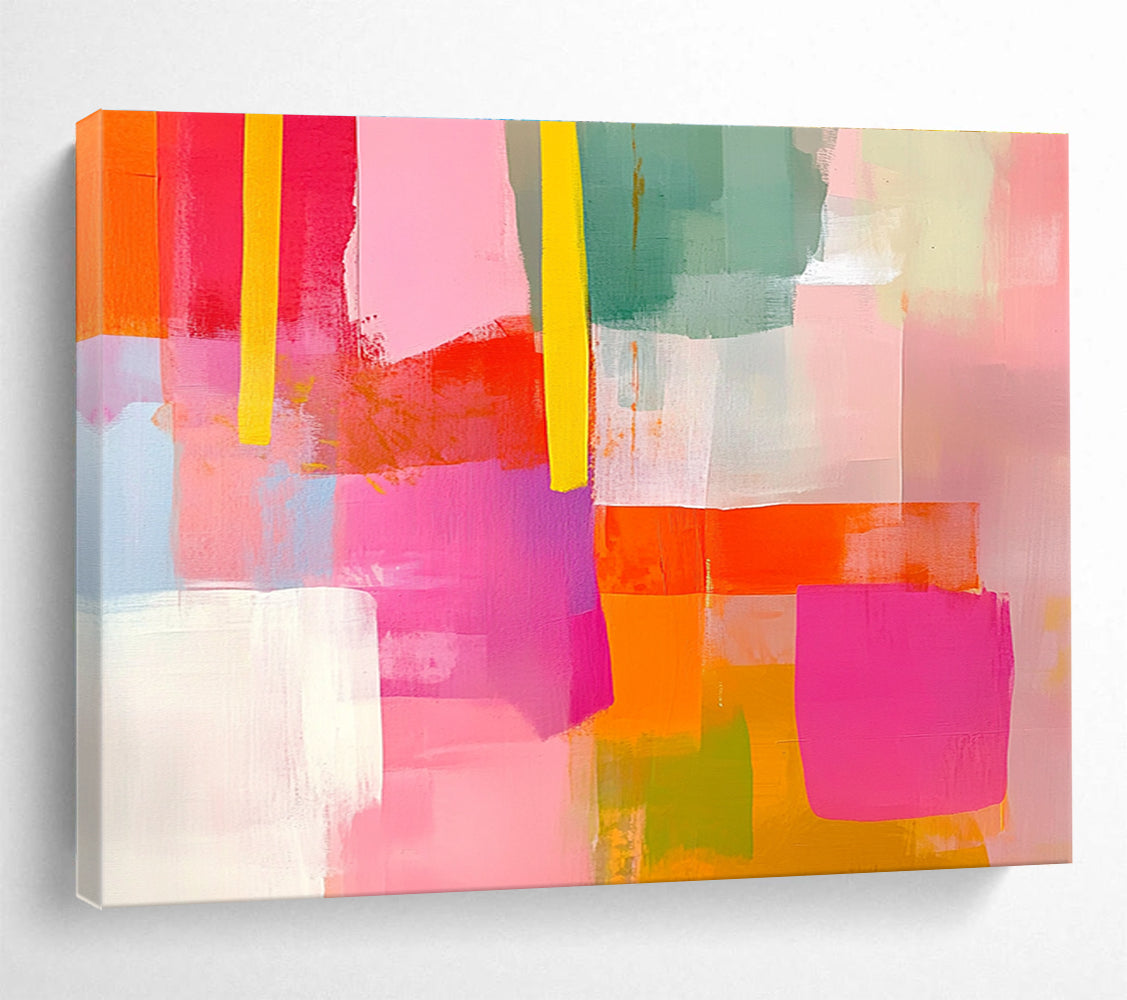 Extraordinarily vibrant abstract painting with soft pink and bright orange shapes complemented by yellow lines in a collage-style composition featuring pink and green hues.SC256