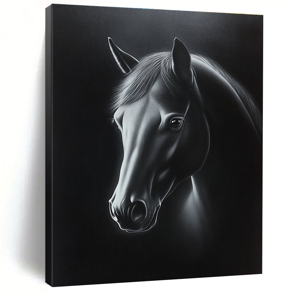 A large abstract oil painting of a horse's head in black and white with elegant lighting highlighting its features against a dark background.STSC1076