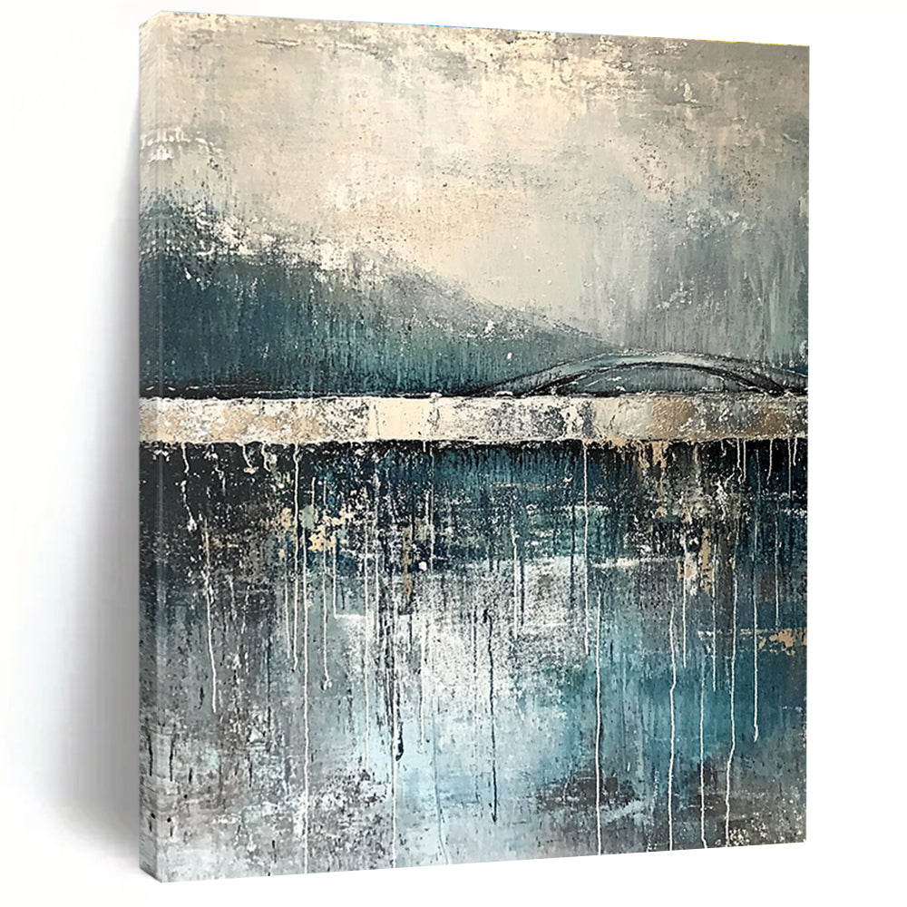 Large abstract painting depicting rain reflections on water with an old bridge in gray and blue tones accented with silver on textured canvas.STSC326