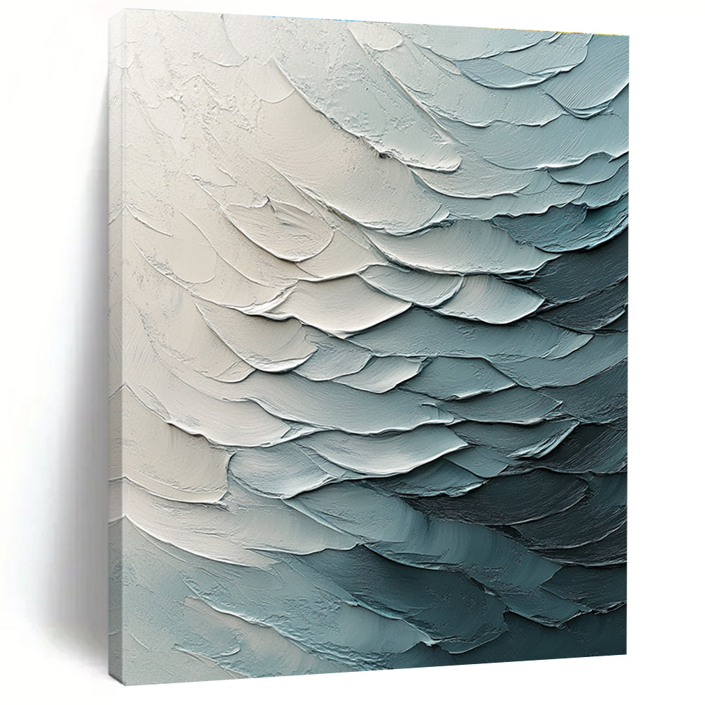 Large abstract painting with textured canvas and impasto strokes features fluid waves in light blue tones and volumetric lighting.STSC204