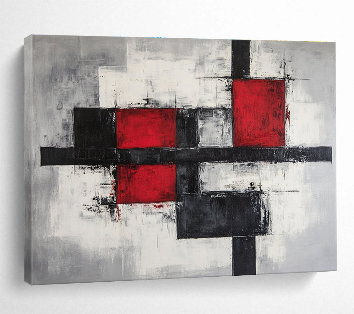 Large abstract painting features gray and red blocks with black lines on a gray background showcasing modern art style in high resolution.SC238