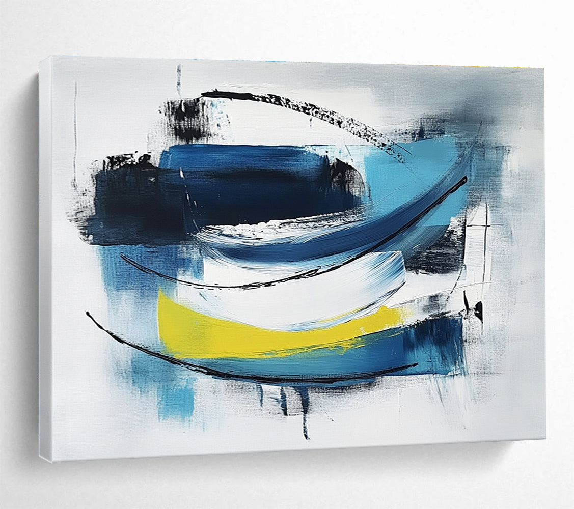 Abstract painting featuring blue black and white minimalist brush strokes on light gray with thick lines simple shapes and yellow accents.SC033