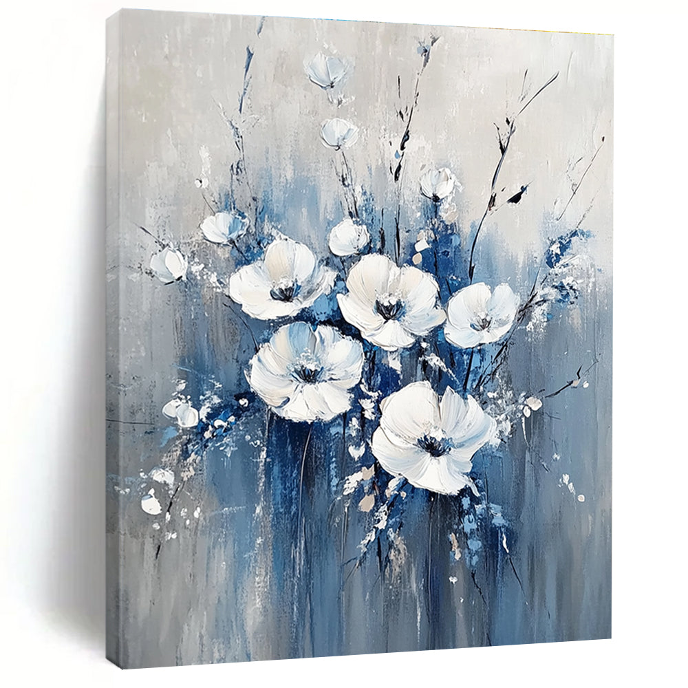 Large Abstract Blue and White Flowers Painting featuring soft gray background white flowers and light blue accents for a serene decor atmosphere.STSC035