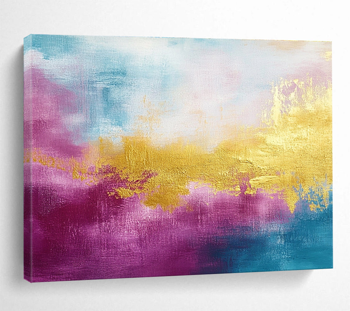 A large abstract painting features gold, magenta, and cyan hues with soft brush strokes and a tranquil water-inspired backdrop.SC322
