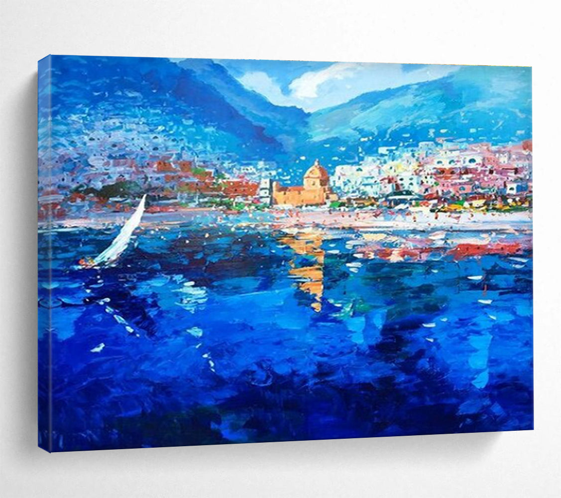 Blue Coastal Town Sailboat Abstract Painting THY481