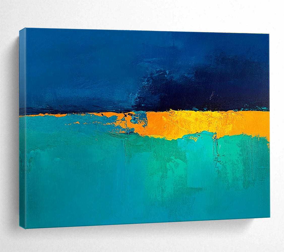 Large abstract painting in deep blue and turquoise with a golden yellow horizon perfect for enhancing modern interiors.SC524
