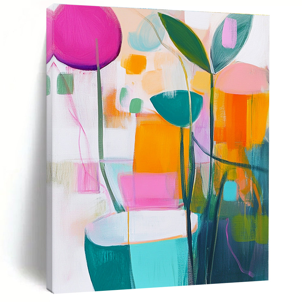 A large abstract painting featuring vibrant pastels of pink green yellow and orange on a white background that captures the essence of springtime.STSC1180