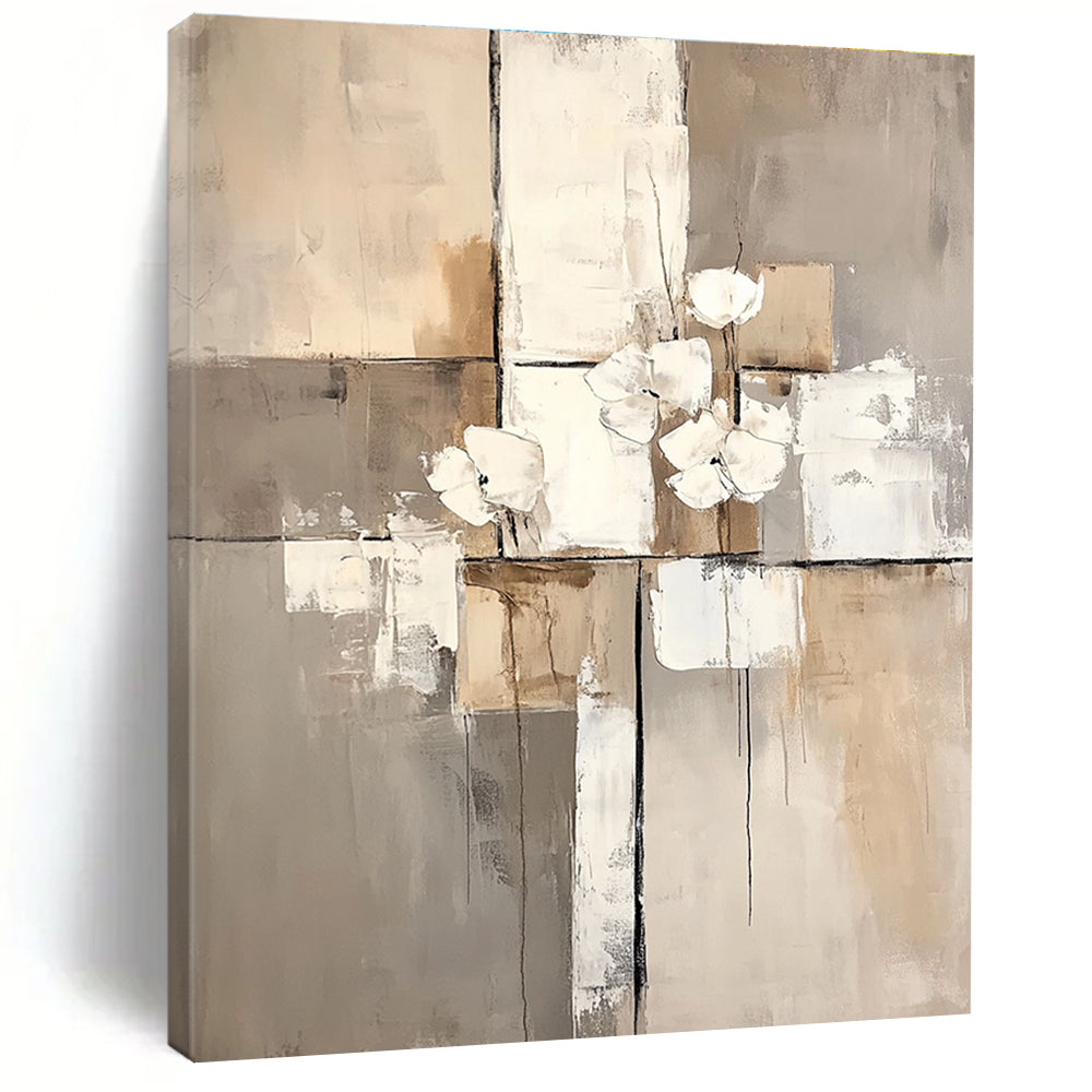 Large abstract painting featuring white paint blocks with a beige and gray palette on a neutral beige background.STSC431