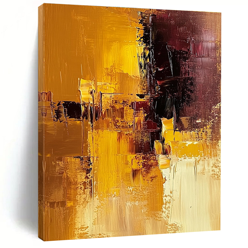 Large abstract painting in warm brown and yellow tones showcasing a textured surface for a striking artistic statement.STSC603
