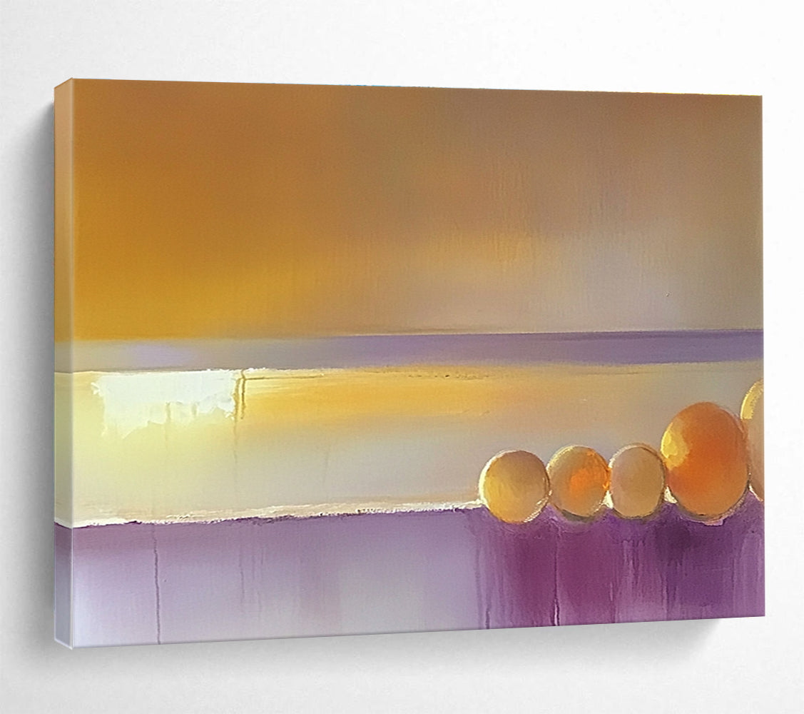 Large abstract painting of the sea featuring a muted horizon with warm yellow and orange light blending into beige and violet tones.SC202