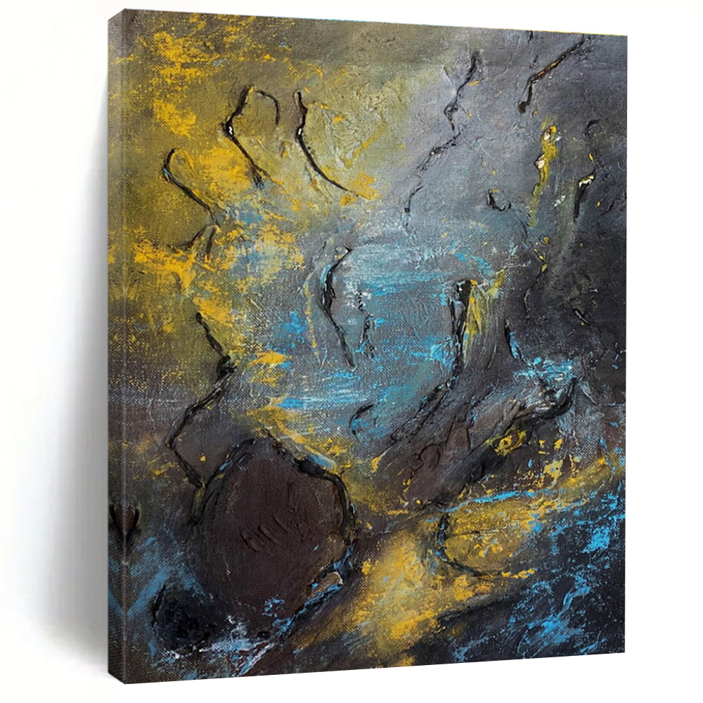Dark Textured Abstract Painting with Yellow - Blue Accents ADGE471