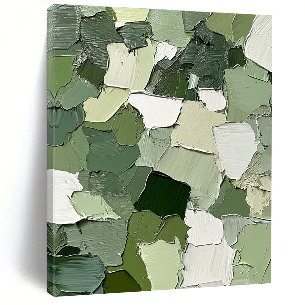 Green and White Patchwork Abstract Painting with Thick Brushstrokes GER043