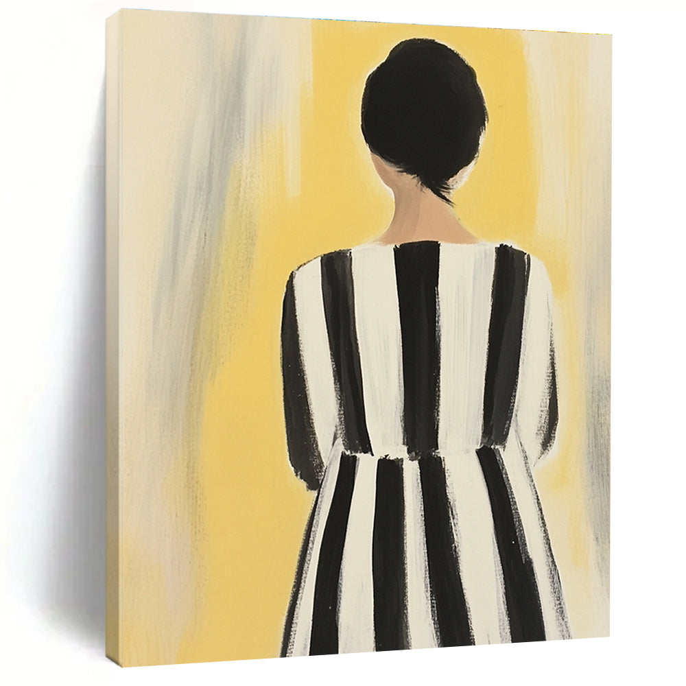 An abstract painting of a woman in a striped dress showcases feminine colors against a soft yellow background with bold black and white stripes.STSC1259