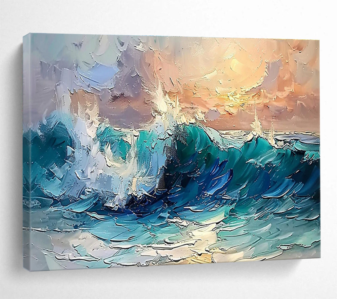 Dynamic Sea Wave Abstract Painting with Turquoise and White Crescendos THY296