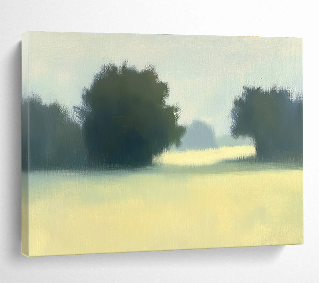 A large abstract painting featuring impasto technique with soft hues of green and yellow depicting a hazy field with distant trees.SC498