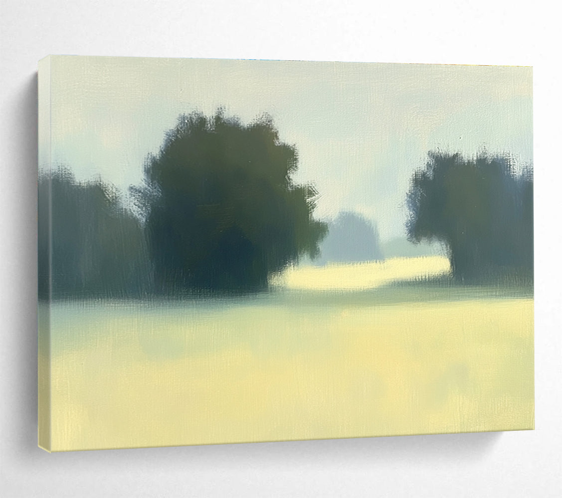 A large abstract painting featuring impasto technique with soft hues of green and yellow depicting a hazy field with distant trees.SC498