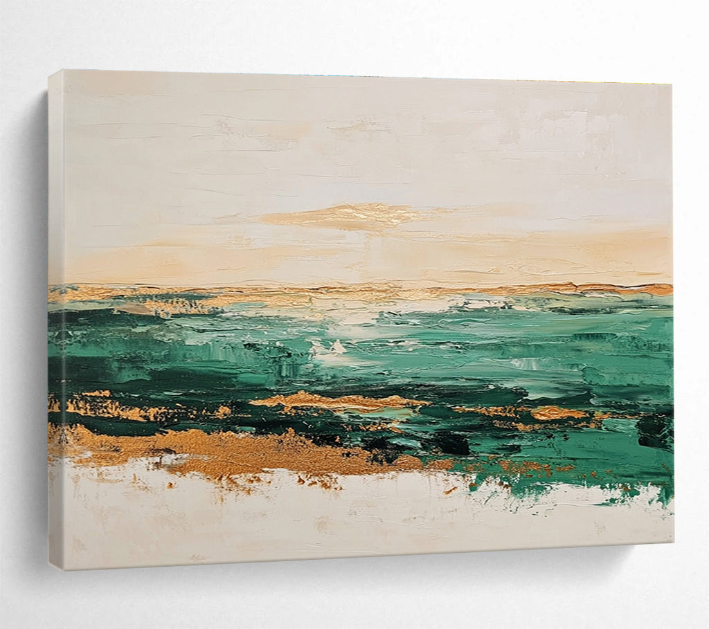 Green and Gold Coastal Abstract Painting with Textured Seascape DYP240