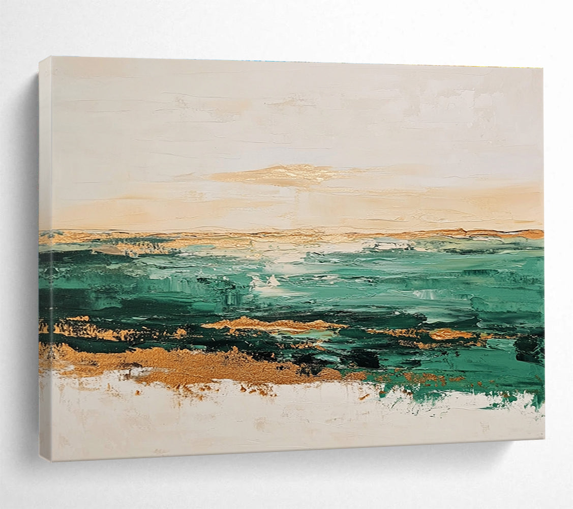 Green and Gold Coastal Abstract Painting with Textured Seascape DYP240
