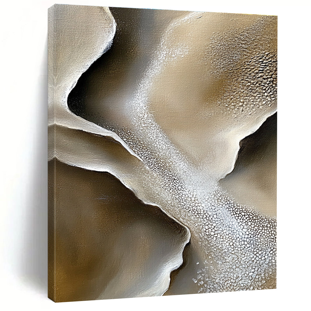 Large abstract painting capturing gray sand dunes and white salt crystals with intricate rock textures and soft lighting in a mysterious natural landscape.STSC530