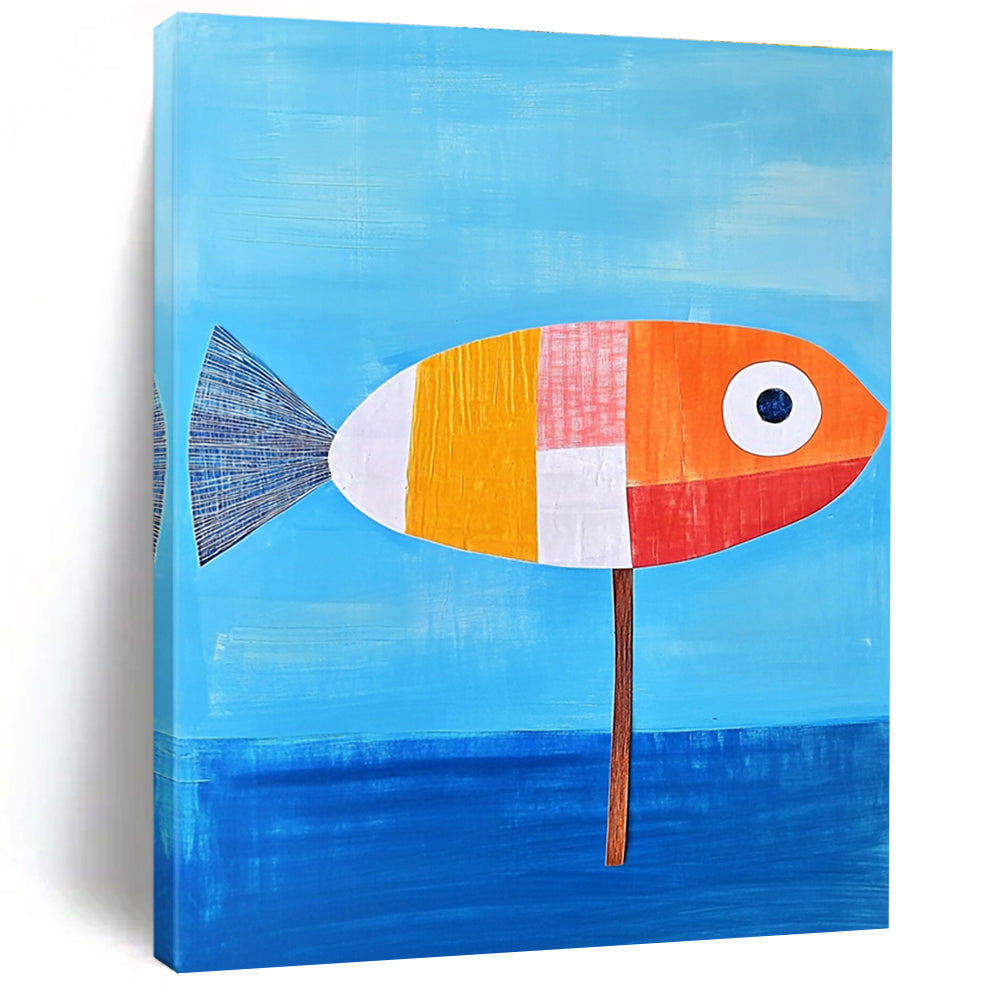 An abstract painting of a fish on blue water featuring an orange and white color scheme with simple details and a tranquil vibe.STSC996