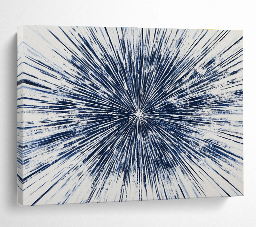 Large abstract painting featuring a blue starburst design with intricate radiating lines, creating a vibrant and energetic composition on a white background.SC430