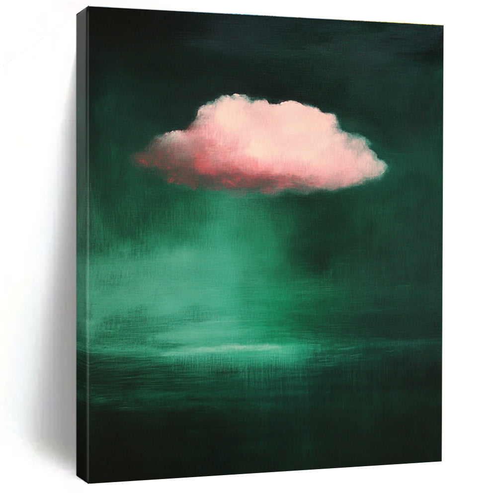 Large abstract painting featuring a pink cloud against a dark green background inspired by the style of Raimad Zinoglu.STSC1402