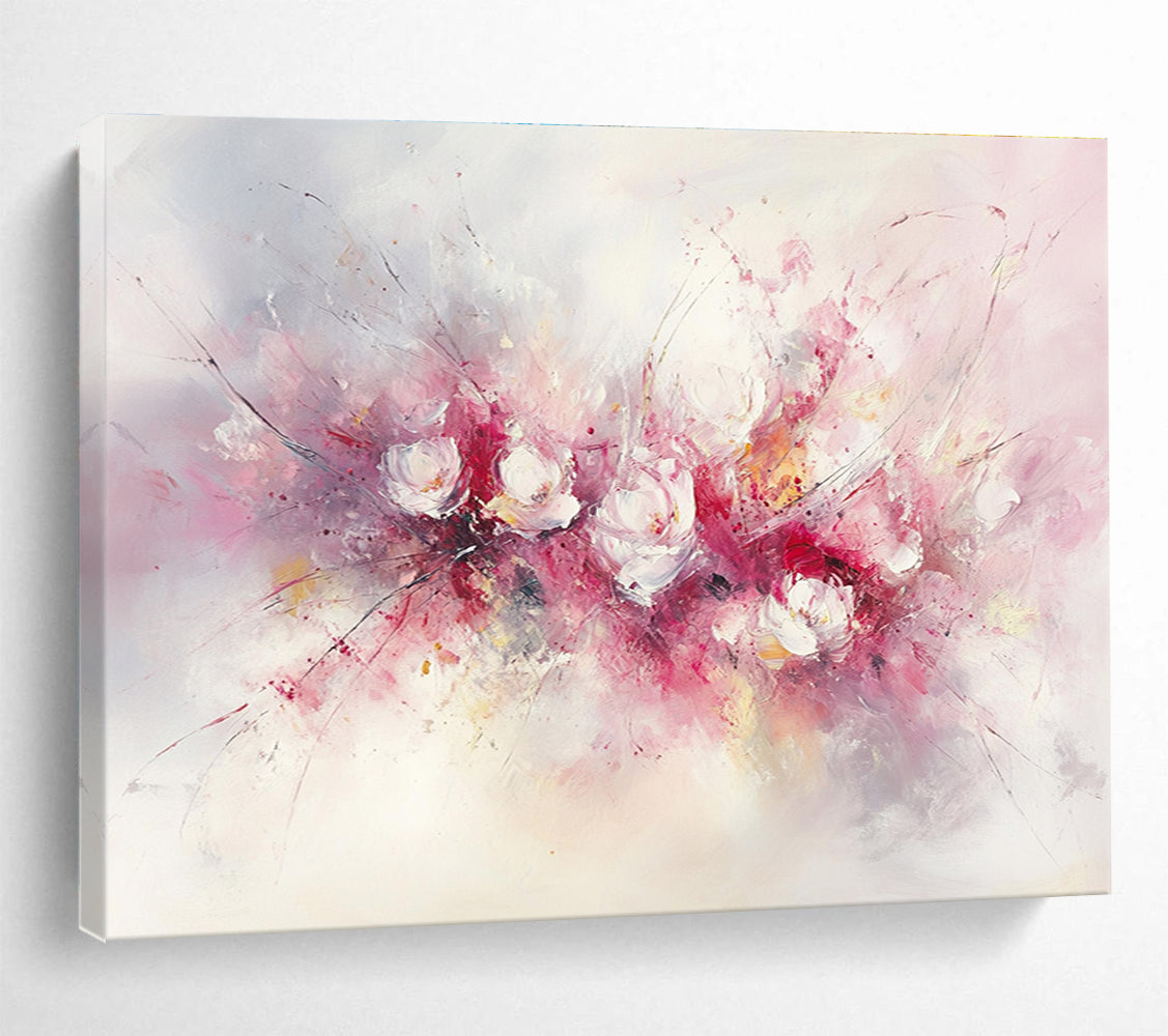 Large abstract painting of flowers in soft pink and white hues featuring bold brush strokes and delicate textures against a light background.SC191