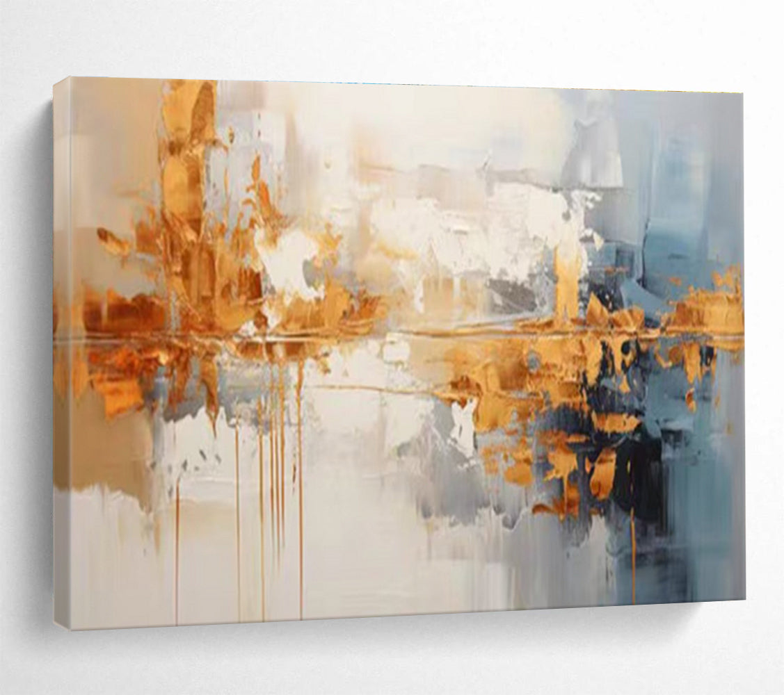 Gold and Blue Abstract Painting with Metallic Gold and Cool Blue Tones THY183