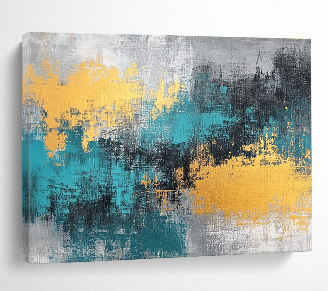 Large abstract painting featuring teal, grey, and gold hues that add a vibrant touch to any space.SC260